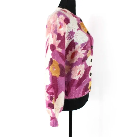 Sezane Aelie Floral Sweater Cardigan Pink Purple Wool Mohair Button Down Size XS - Picture 2 of 7